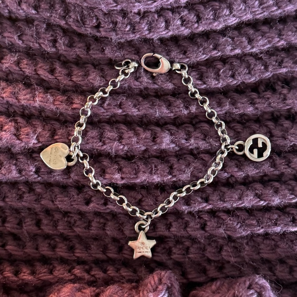 Gucci silver charm bracelet heart star logo